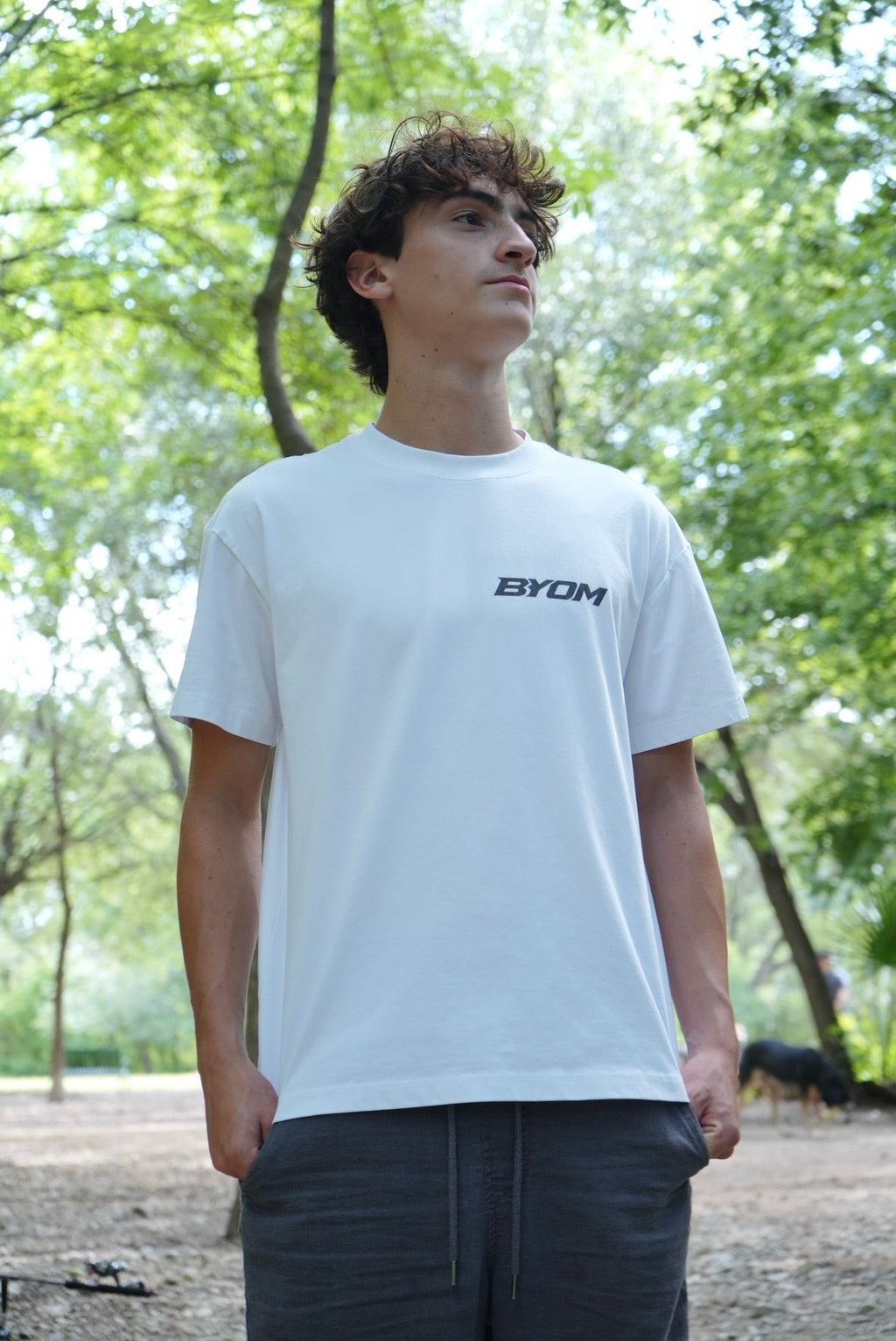 The model is wearing a size medium shirt.